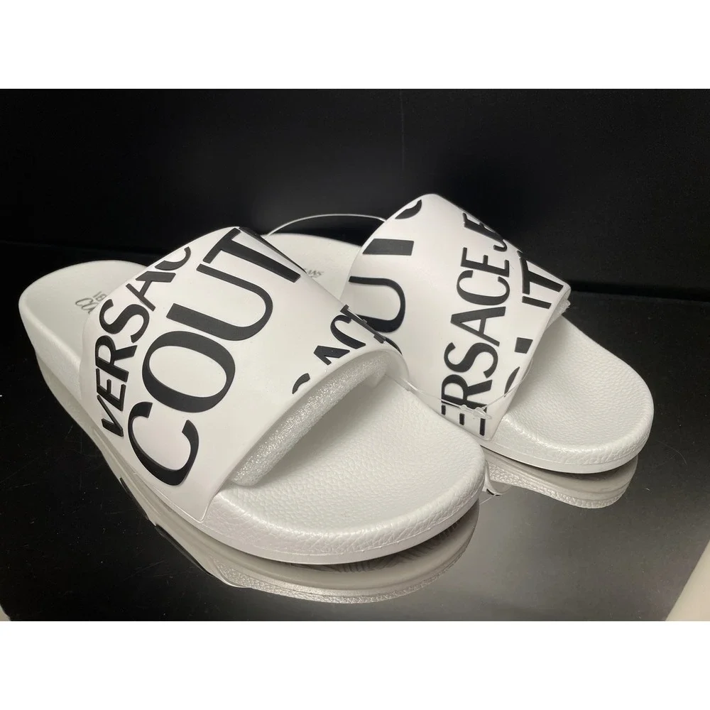 Versace Jeans Couture Mens White Black Logo Slide Sandals Summer Shoes New